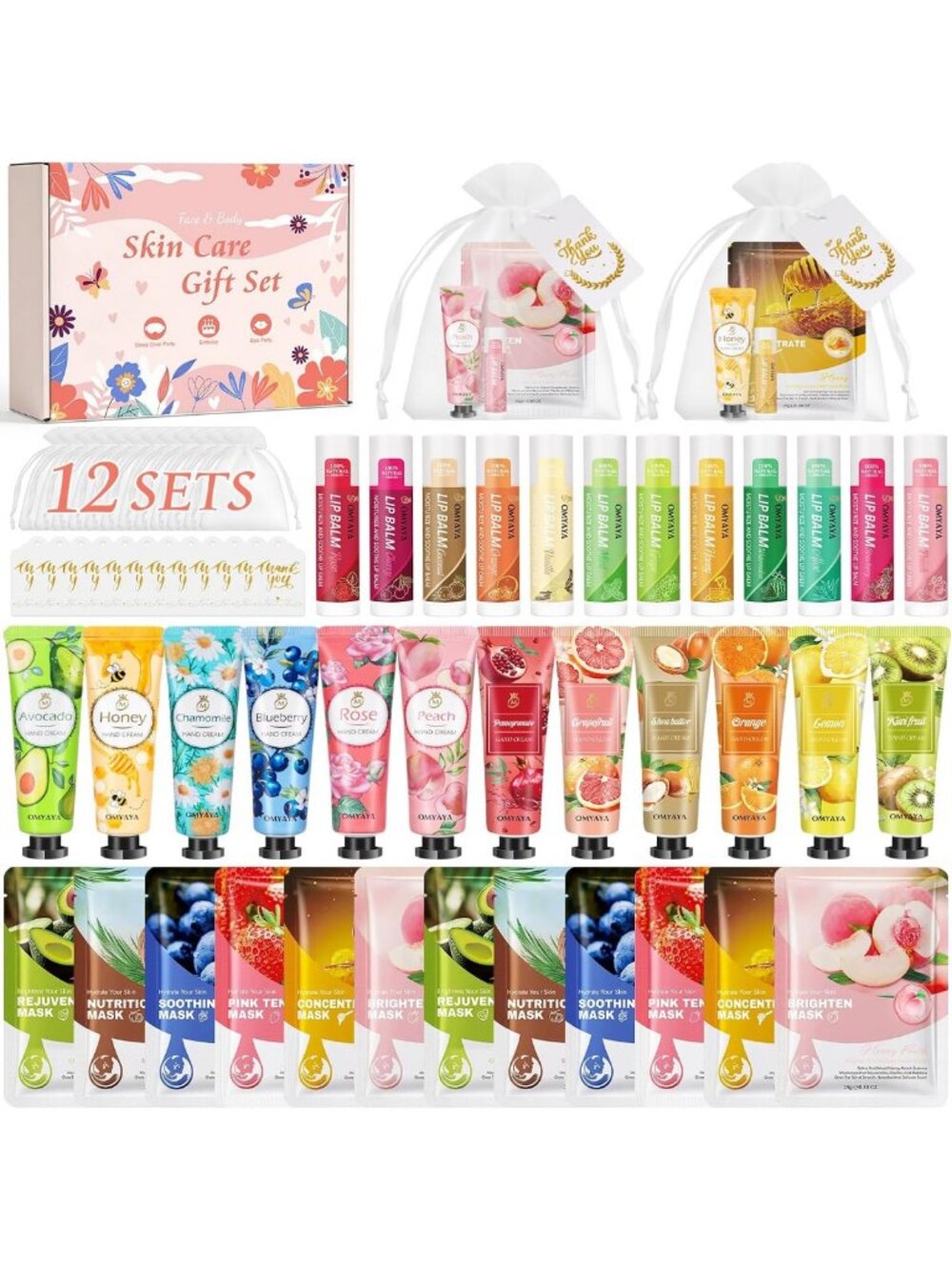 12 Sets Spa Gift Bundle for Women - Face Masks, Hand Cream, Lip Balm & Thank You